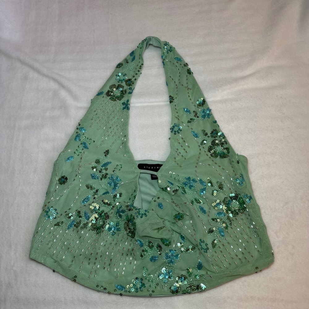 Studio 12 Mint Green Mesh Halter Top Floral Sequin Beaded Y2K Festival Small